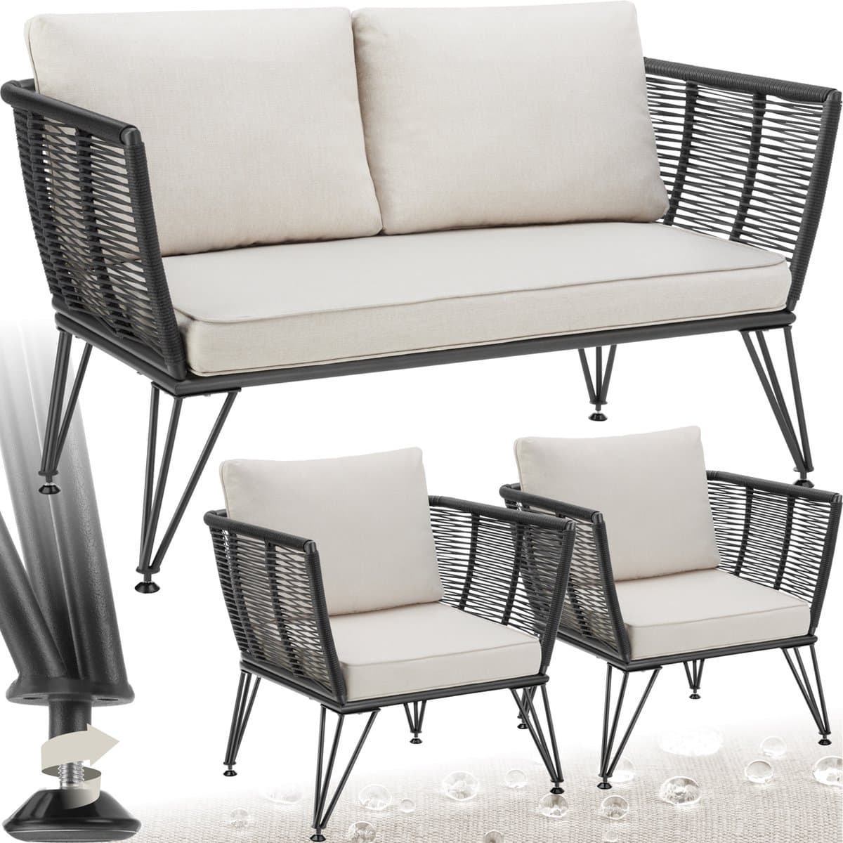tectake® Loungeset Sundo - Tuinset in Rope-Design - Tuinbank en Tuinstoelen met Kussens - Weerbestendig