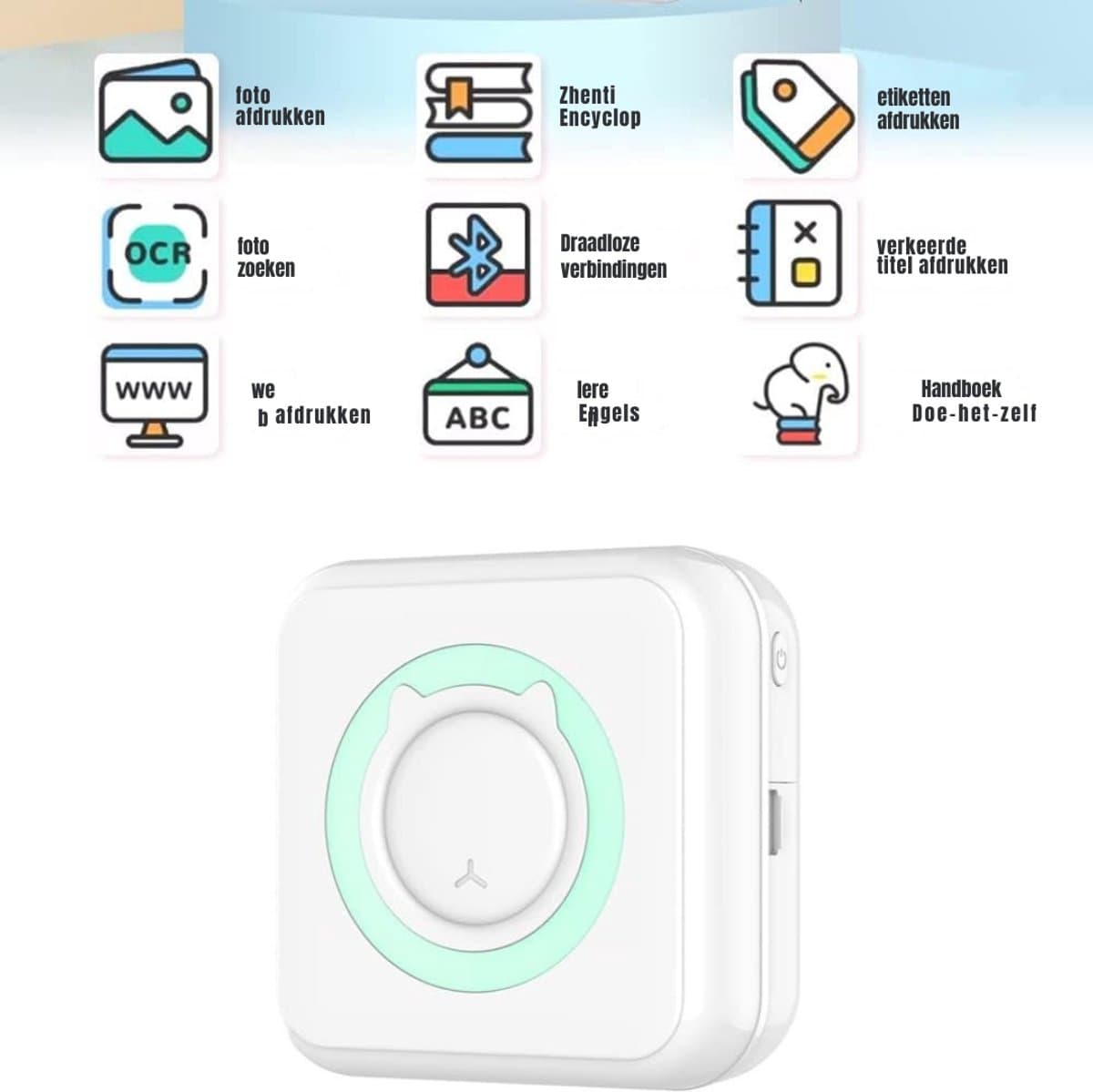 Aura® Mini Printer – Inclusief Thermisch/Zelfklevend/Etiket-Papier, USB-kabel, Aquarelpen, Transparant Sticke – Foto Printer Draadloos – Mobiele Fotoprinter - Wit/Mintgroen - 10cm x 10cm x 4cm