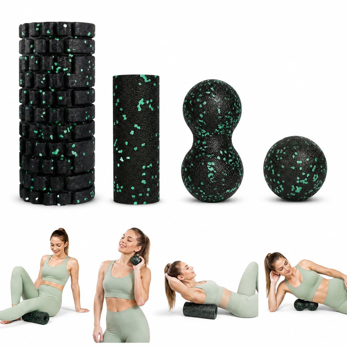 Fascia Massage Roller Set 4-delig EPP Foam Roller Peanut Massagebal Triggerpoint Massage Fitness Yoga Herstelset Zwart Groen