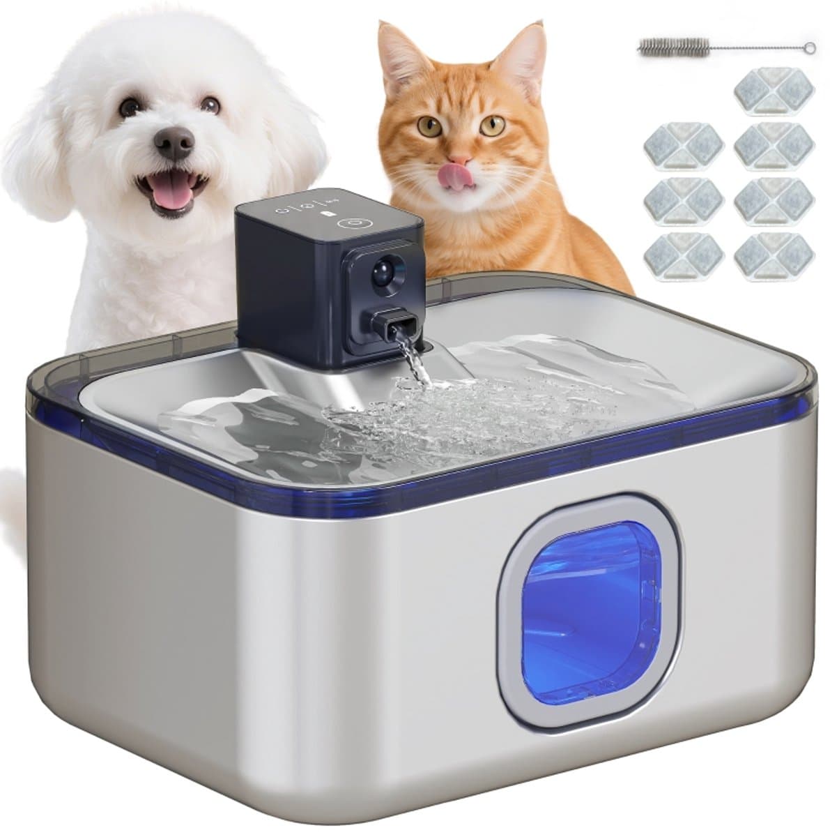 Roestvrijstalen kattenwaterbak van 5 liter – Automatische kattenwaterbak met LED-verlichting, superstille pomp en zilverfilter