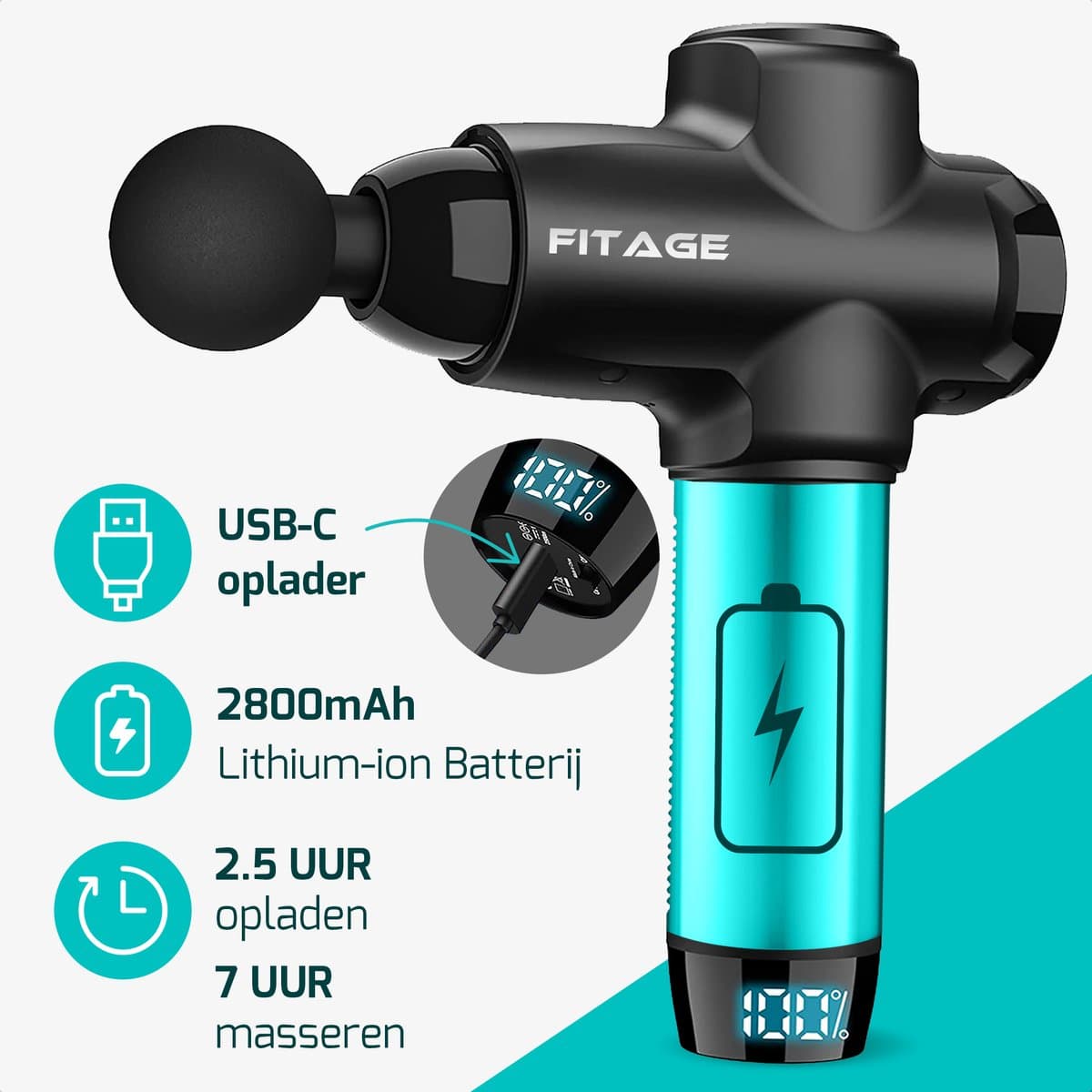 FITAGE Massage Gun: 30 standen, 12 opzetstukken, 7 uur batterij - afbeelding 1