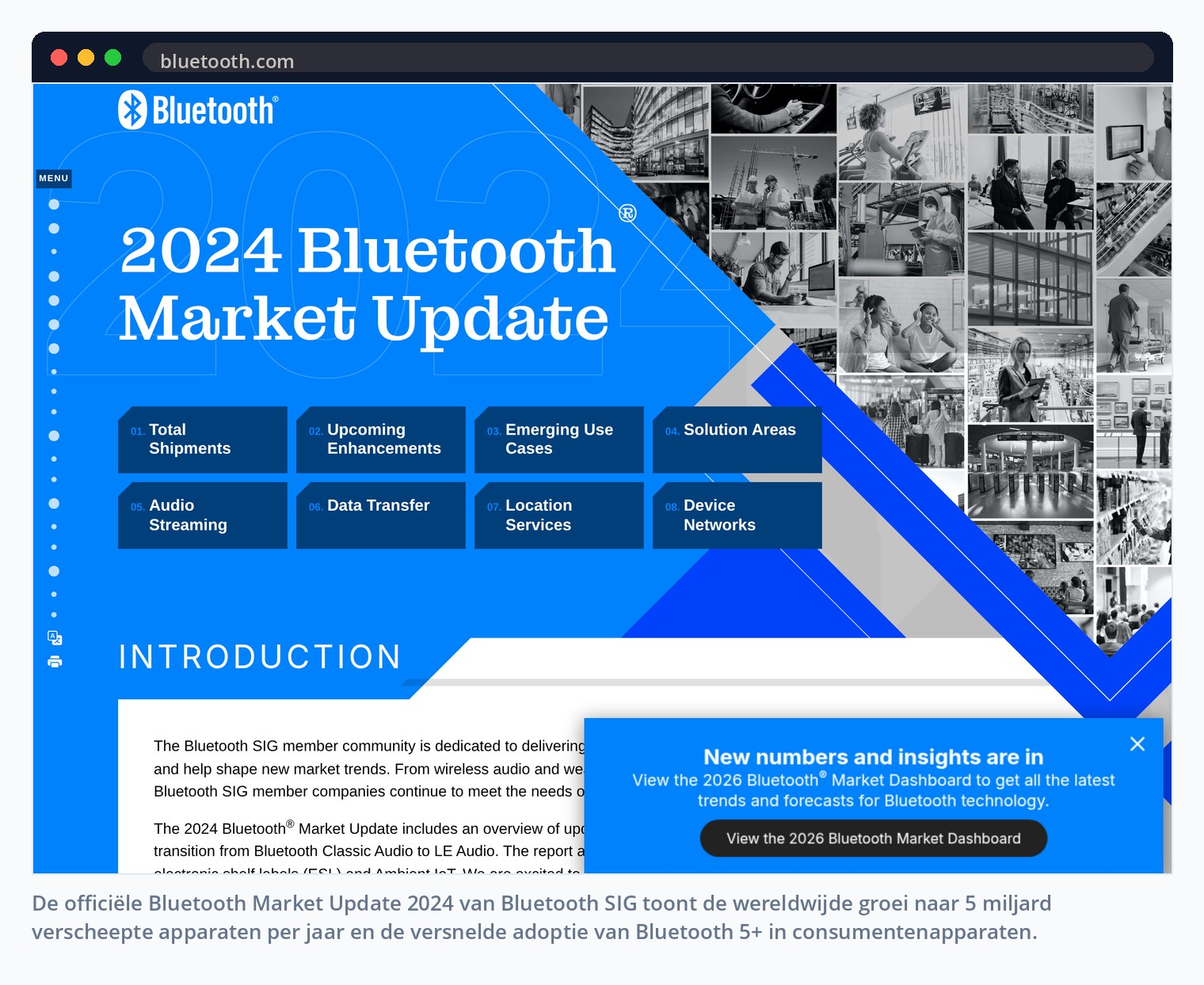 De officiële Bluetooth Market Update 2024 van Bluetooth SIG toont de wereldwijde groei naar 5 miljard verscheepte apparaten per jaar en de versnelde adoptie van Bluetooth 5+ in consumentenapparaten.
