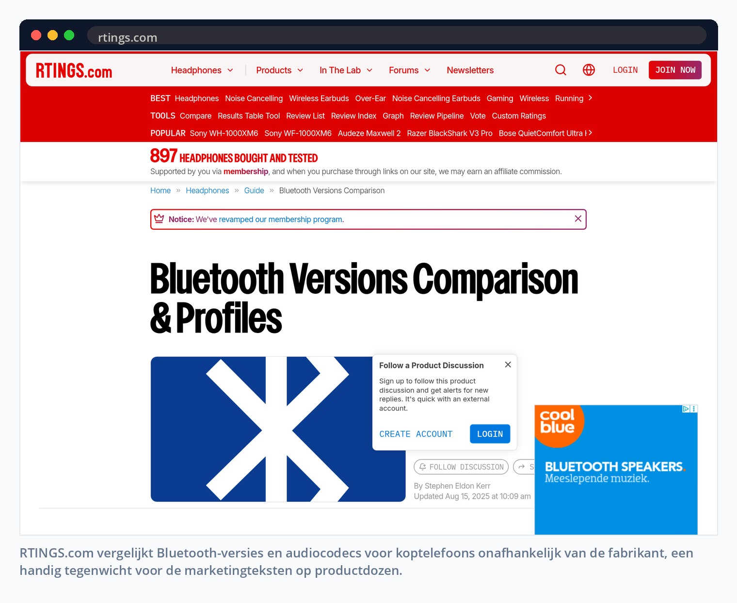 RTINGS.com vergelijkt Bluetooth-versies en audiocodecs voor koptelefoons onafhankelijk van de fabrikant, een handig tegenwicht voor de marketingteksten op productdozen.