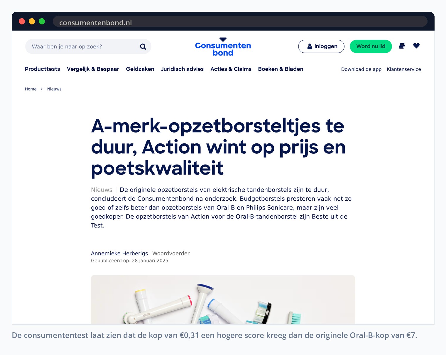 De consumententest laat zien dat de kop van €0,31 een hogere score kreeg dan de originele Oral-B-kop van €7.