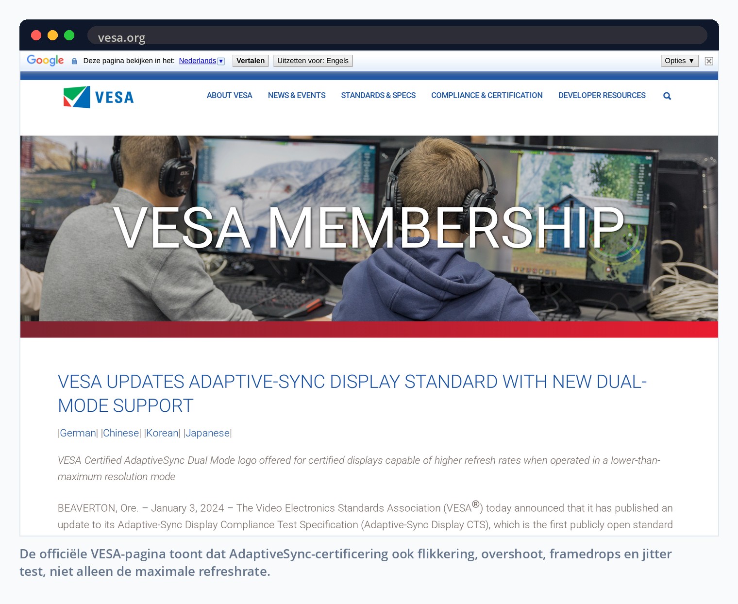 De officiële VESA-pagina toont dat AdaptiveSync-certificering ook flikkering, overshoot, framedrops en jitter test, niet alleen de maximale refreshrate.