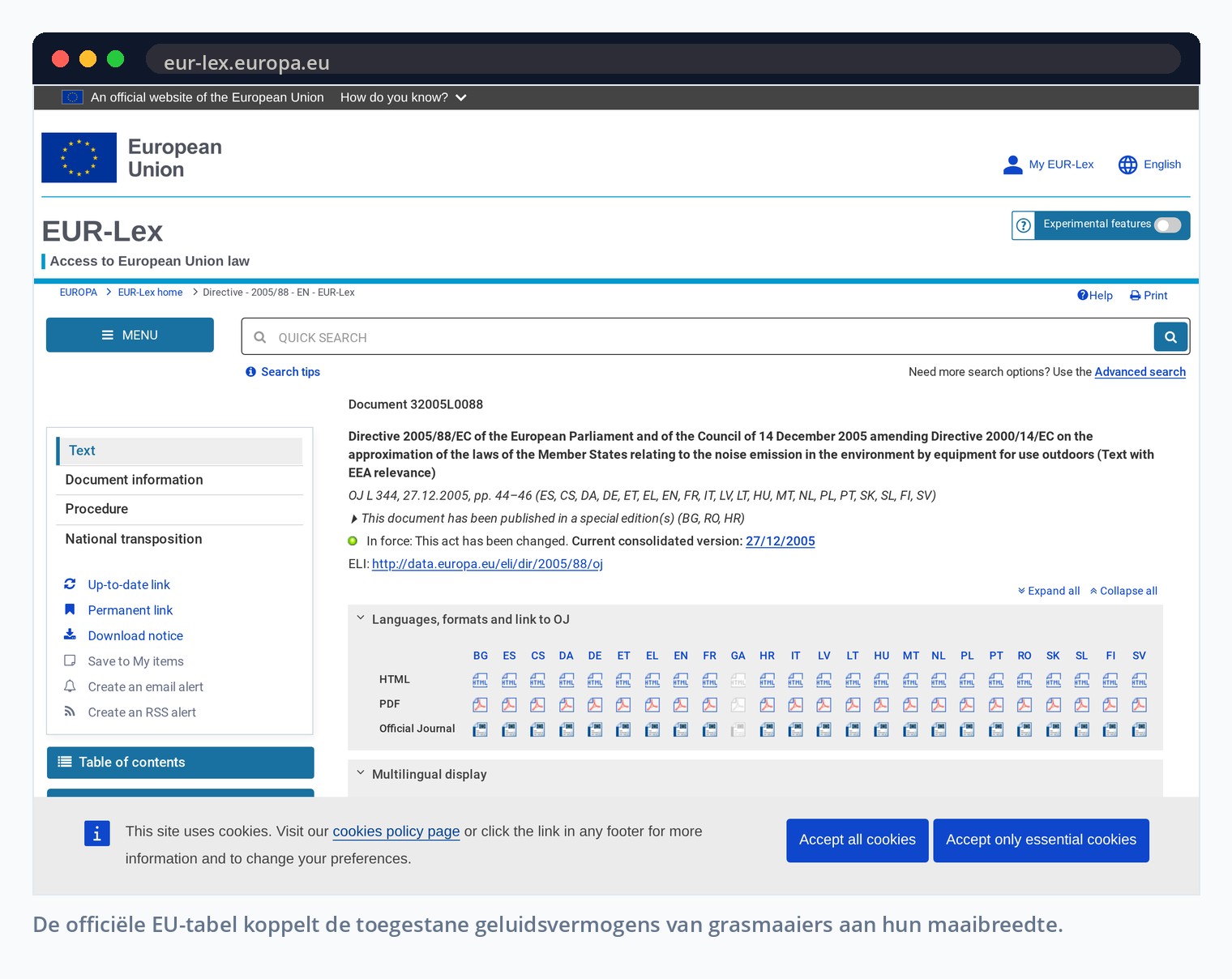 De officiële EU-tabel koppelt de toegestane geluidsvermogens van grasmaaiers aan hun maaibreedte.