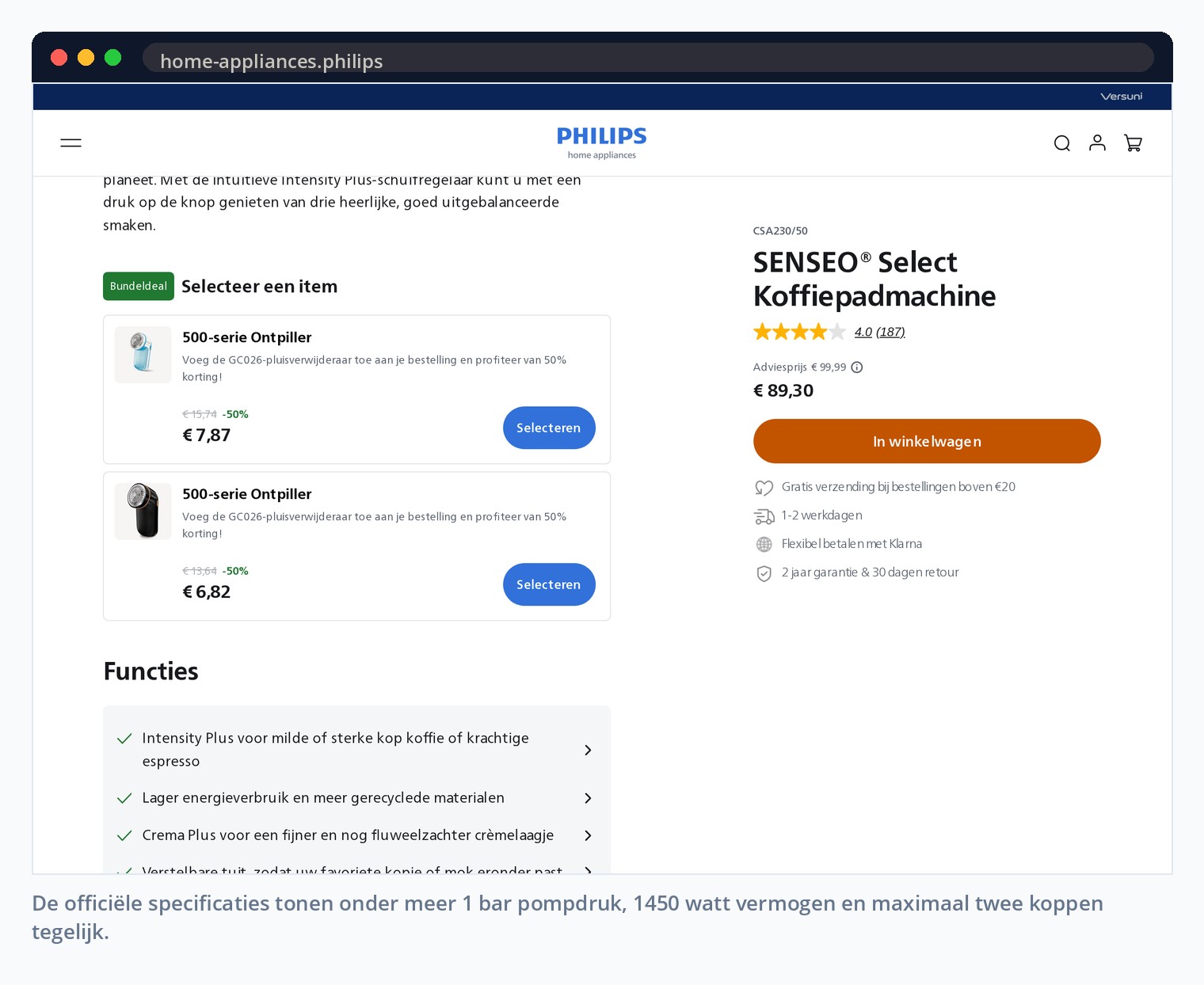 De officiële specificaties tonen onder meer 1 bar pompdruk, 1450 watt vermogen en maximaal twee koppen tegelijk.