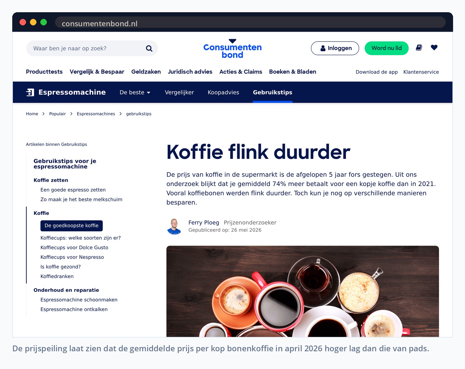 De prijspeiling laat zien dat de gemiddelde prijs per kop bonenkoffie in april 2026 hoger lag dan die van pads.