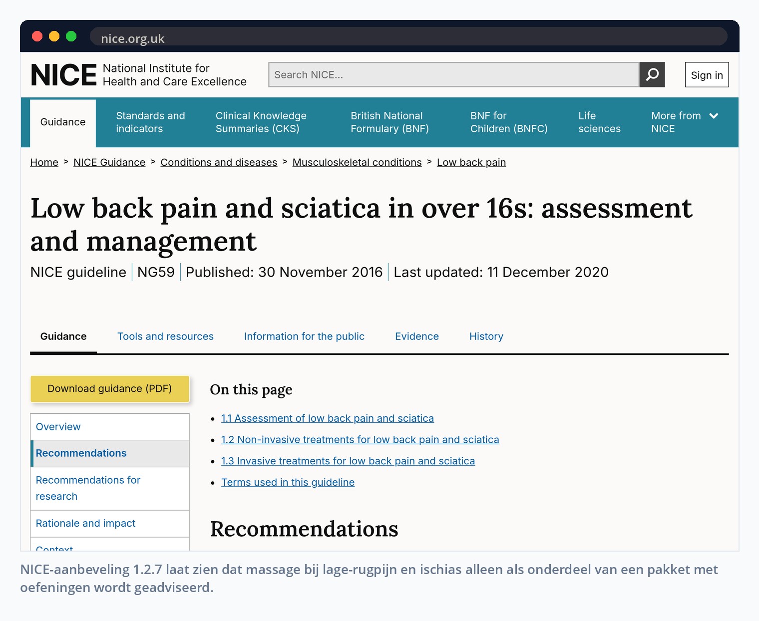 NICE-aanbeveling 1.2.7 laat zien dat massage bij lage-rugpijn en ischias alleen als onderdeel van een pakket met oefeningen wordt geadviseerd.