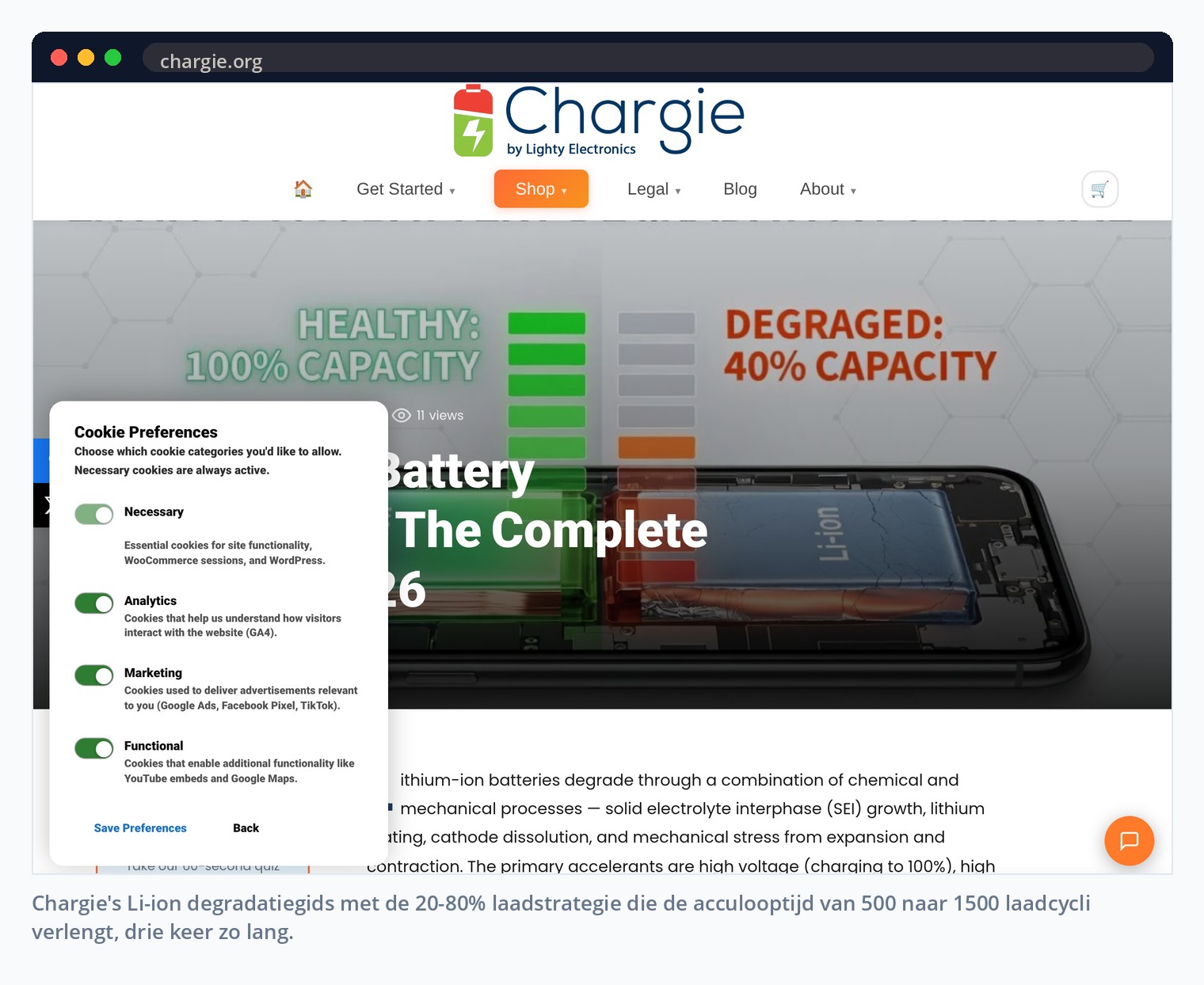 Chargie's Li-ion degradatiegids met de 20-80% laadstrategie die de acculooptijd van 500 naar 1500 laadcycli verlengt, drie keer zo lang.