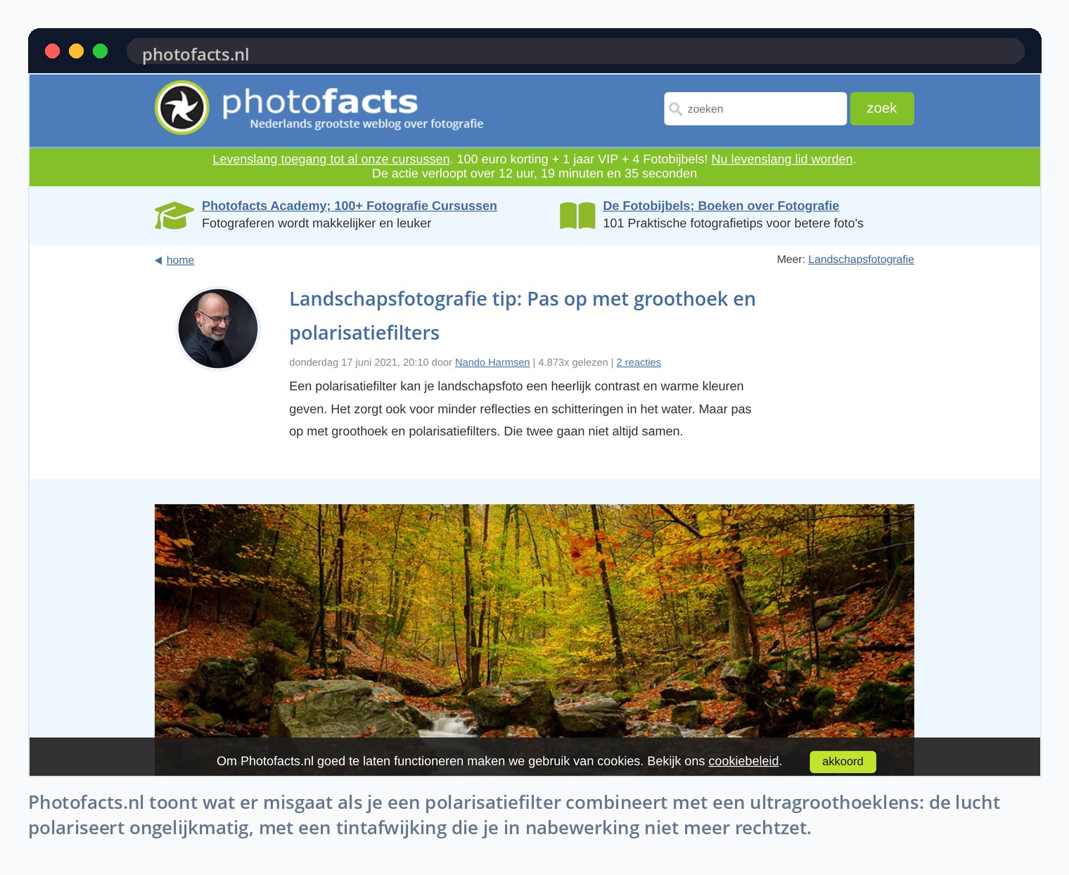 Photofacts.nl toont wat er misgaat als je een polarisatiefilter combineert met een ultragroothoeklens: de lucht polariseert ongelijkmatig, met een tintafwijking die je in nabewerking niet meer rechtzet.
