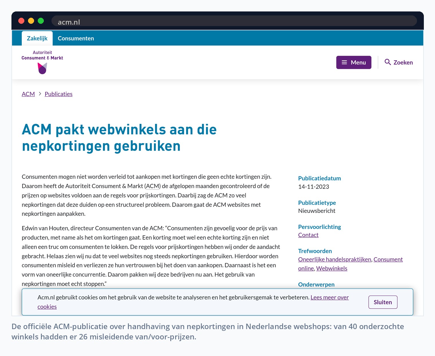 De officiële ACM-publicatie over handhaving van nepkortingen in Nederlandse webshops: van 40 onderzochte winkels hadden er 26 misleidende van/voor-prijzen.