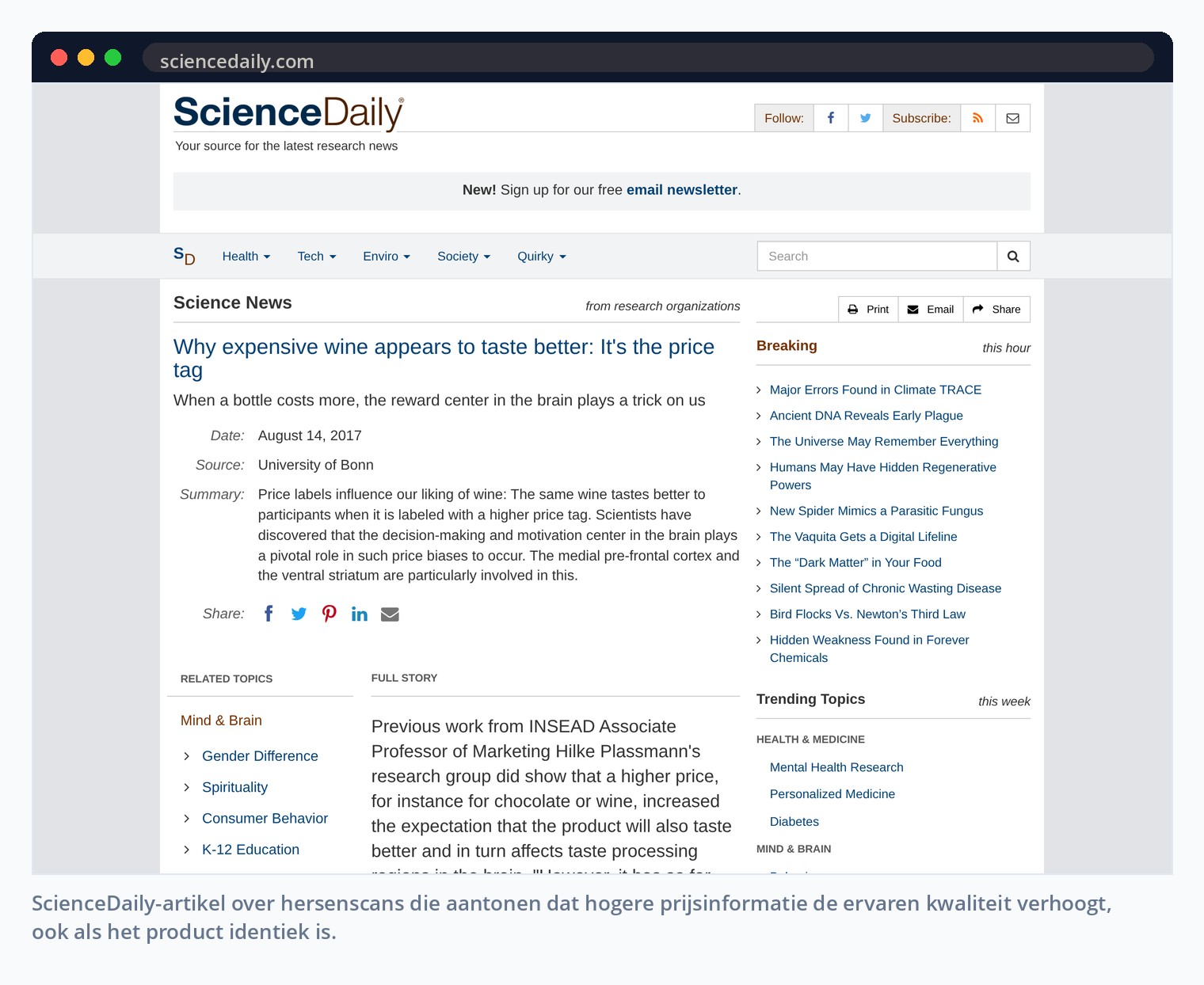ScienceDaily-artikel over hersenscans die aantonen dat hogere prijsinformatie de ervaren kwaliteit verhoogt, ook als het product identiek is.