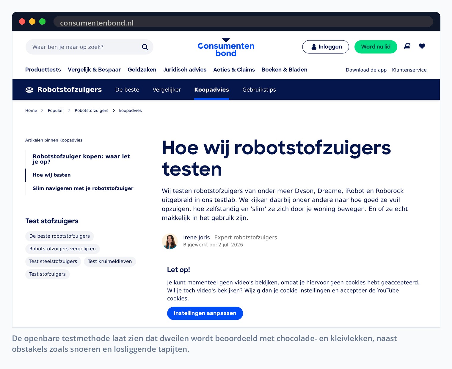 De openbare testmethode laat zien dat dweilen wordt beoordeeld met chocolade- en kleivlekken, naast obstakels zoals snoeren en losliggende tapijten.