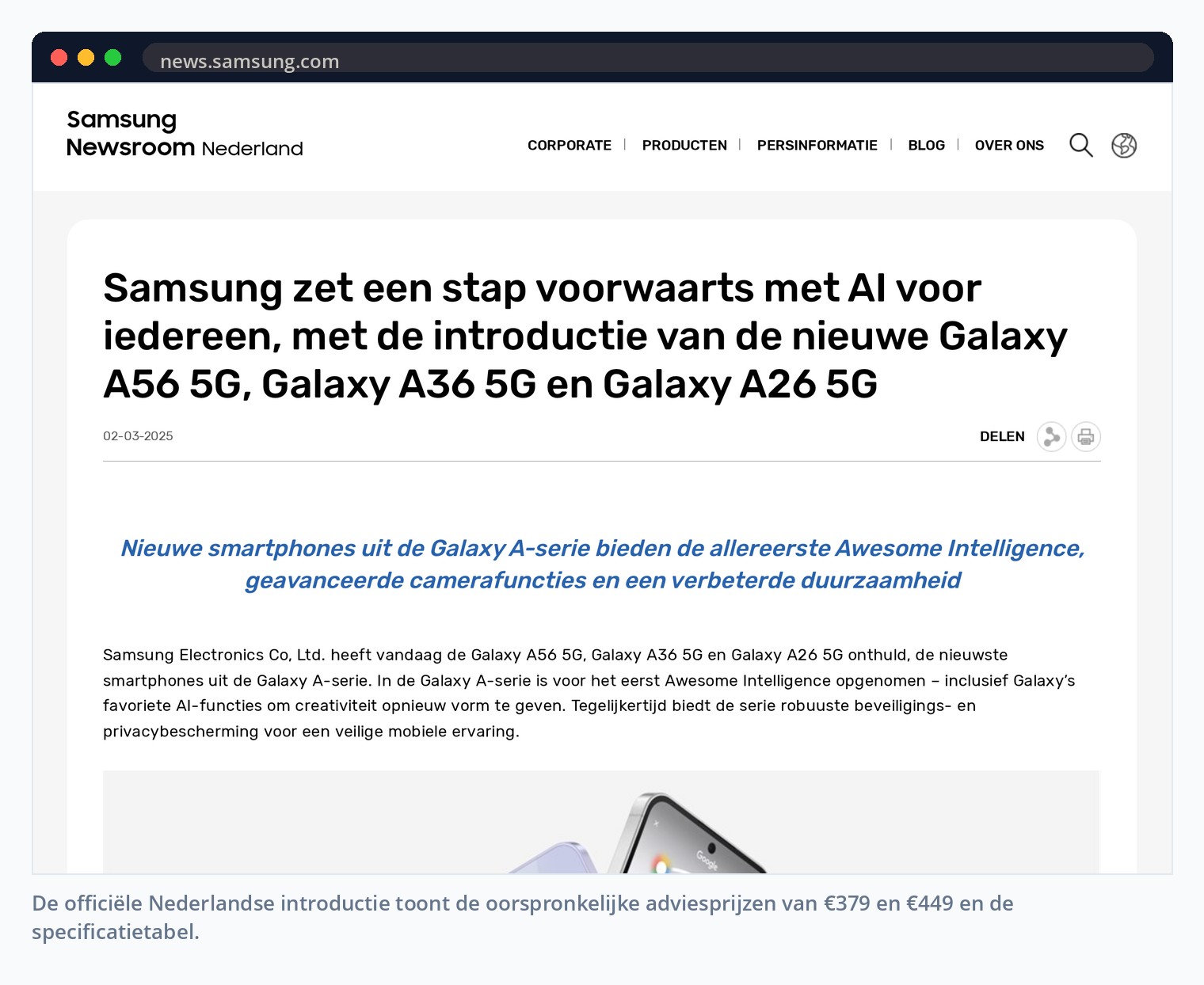 De officiële Nederlandse introductie toont de oorspronkelijke adviesprijzen van €379 en €449 en de specificatietabel.