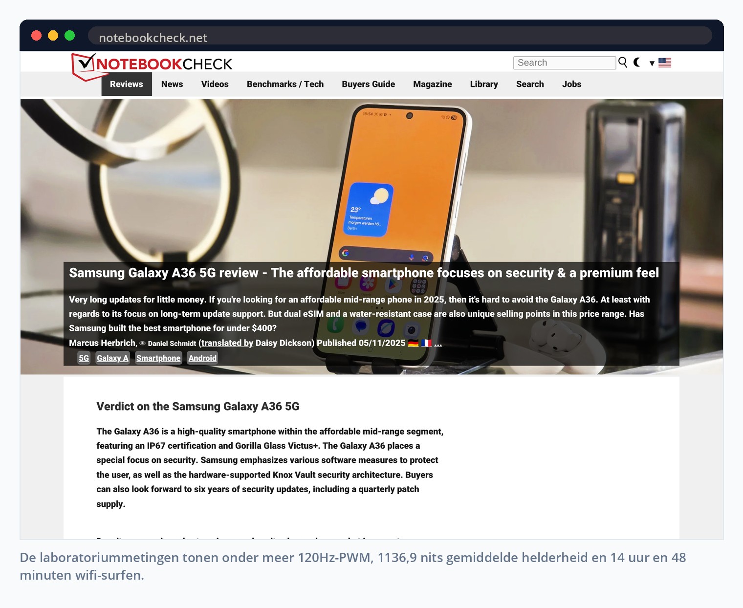 De laboratoriummetingen tonen onder meer 120Hz-PWM, 1136,9 nits gemiddelde helderheid en 14 uur en 48 minuten wifi-surfen.