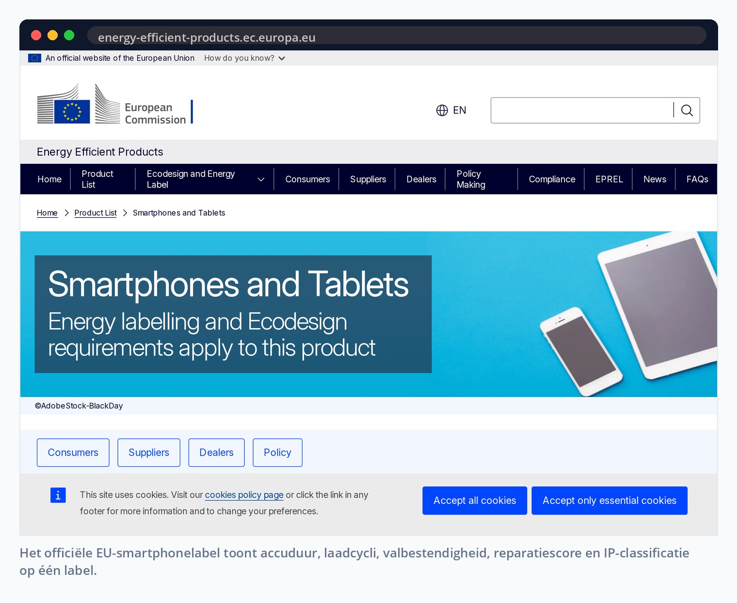 Het officiële EU-smartphonelabel toont accuduur, laadcycli, valbestendigheid, reparatiescore en IP-classificatie op één label.