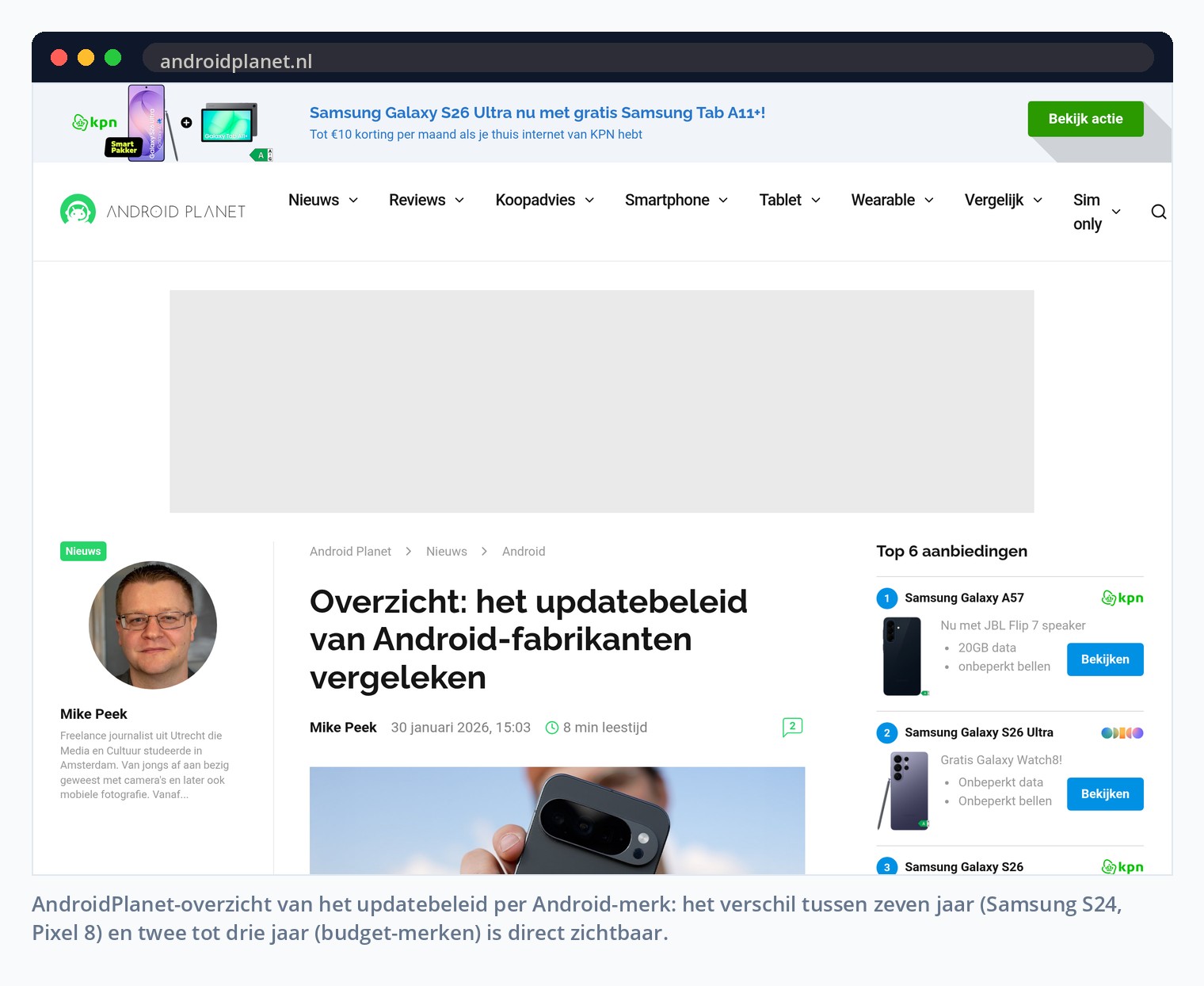 AndroidPlanet-overzicht van het updatebeleid per Android-merk: het verschil tussen zeven jaar (Samsung S24, Pixel 8) en twee tot drie jaar (budget-merken) is direct zichtbaar.