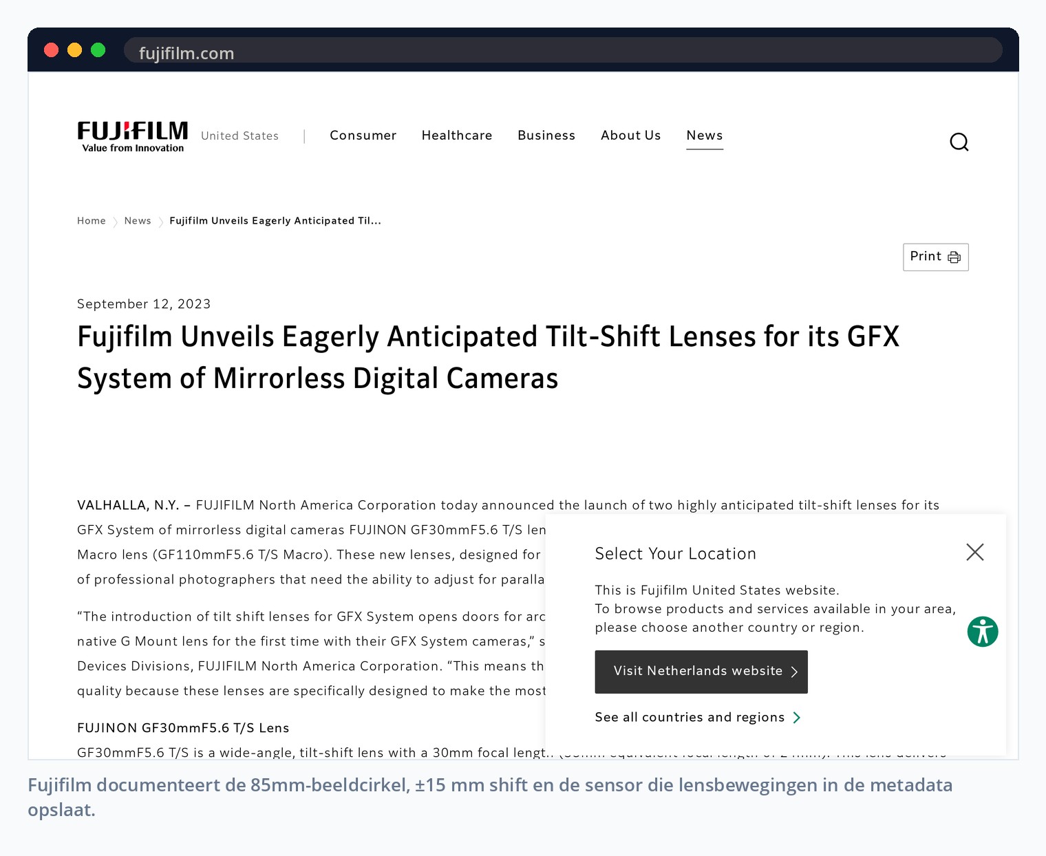 Fujifilm documenteert de 85mm-beeldcirkel, ±15 mm shift en de sensor die lensbewegingen in de metadata opslaat.